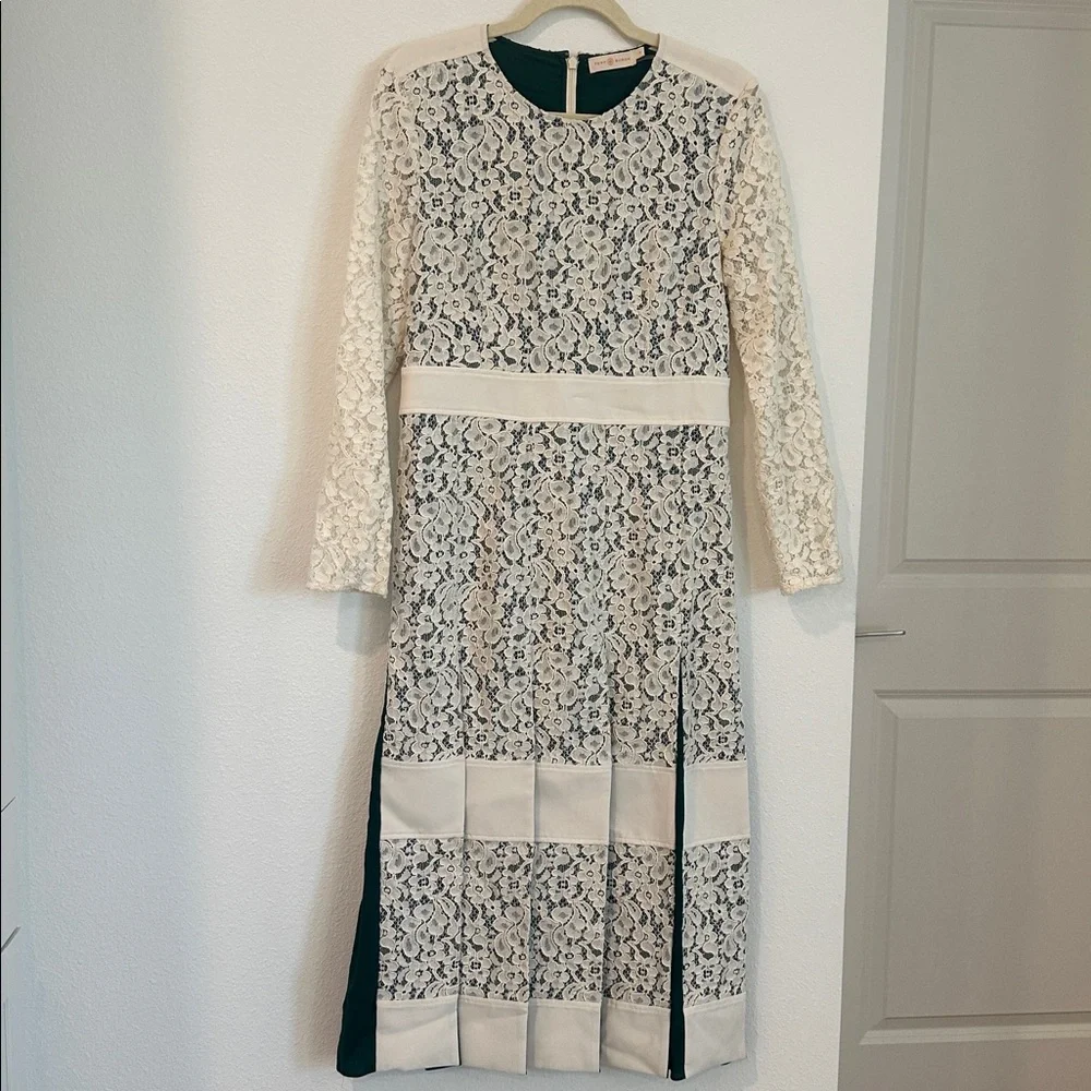 Elegant Tory Burch Lace Midi Dress with Green Pleat Accents